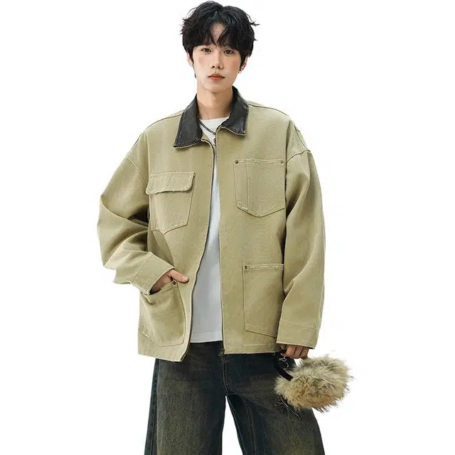 佐菲利 美式复古皮领工装牛仔外套宽松休闲中性风翻领上衣夹克 男女同款