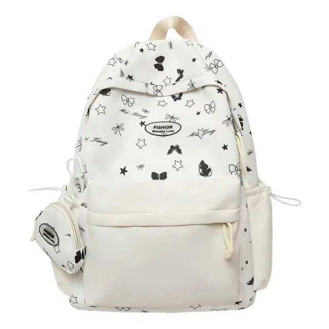 單倉 可爱蝴蝶结星星卡通印花时尚设计通勤百搭背包初高中学生大容量轻便耐磨 尼龙 双肩包 女款 白色/粉色/黄色/绿色/蓝色