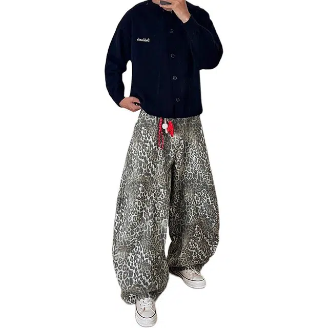 如续 美式复古水洗磨白豹纹弯刀廓形长裤小众设计松弛感宽松阔腿牛仔裤 男款