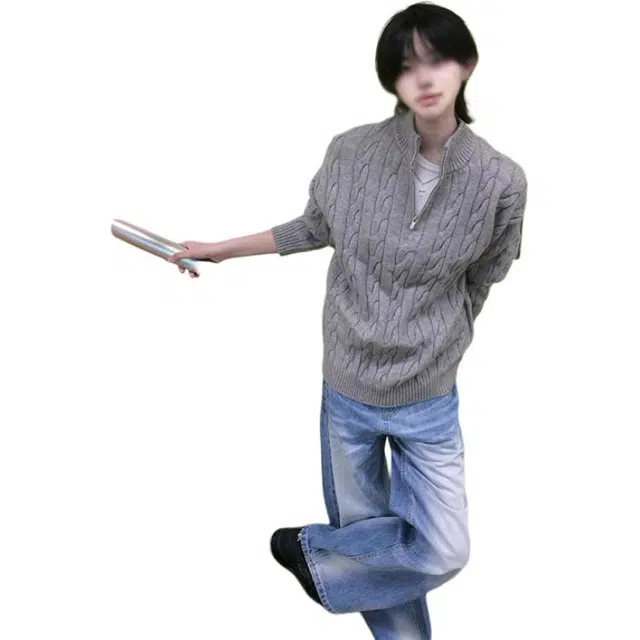 黑马漫画 半高领拉链麻花纹粗针男秋慵懒高级感老钱风长袖针织衫 男女同款