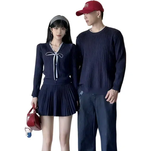 敲模女孩 甜酷风长袖针织衫一裙一衣连衣裙简约套头上衣情侣套装