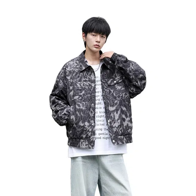 洋气先生 美式高街复古潮牌日常通勤百搭潮流设计高级感宽松舒适休闲长袖翻领单排扣无性别主义迷彩泼墨泡泡防风保暖工装外套夹克 男女同款