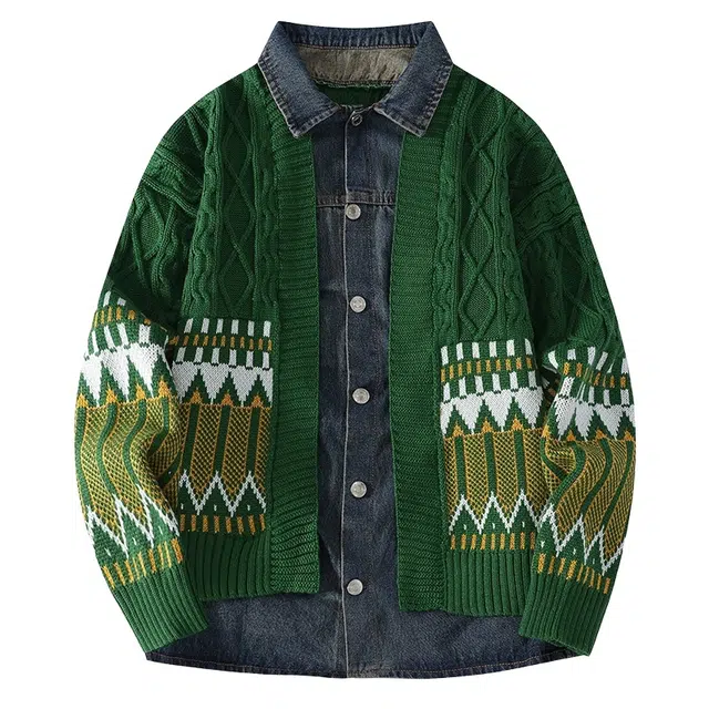 洋气先生 美式高街潮牌牛仔假两件软糯舒适无性别主义潮流慵懒感个性日常通勤开衫翻领纽扣外穿外套长袖简约休闲时尚百搭针织衫 男女同款