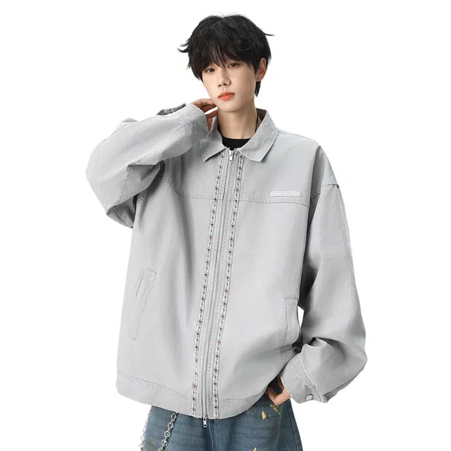 顶峰保罗 美式水洗拼接翻领纯棉重磅工装茄克无性别主义潮牌高街休闲运动痞帅做旧上衣简约百搭显高显瘦长袖夹克外套 男女同款