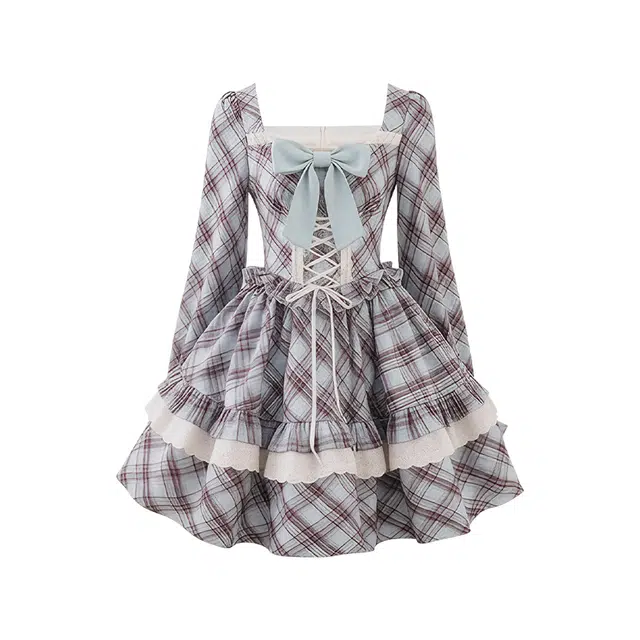 棉购 甜美小个子复古格纹蕾丝蝴蝶结绑带收腰方口领蓬蓬公主裙长袖连衣裙 女款