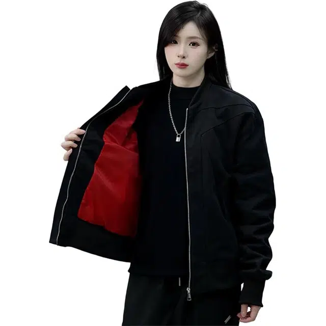 佑麟 秋季解构倒三角设计感外套痞帅棒球服美式红内短款飞行夹克 男女同款