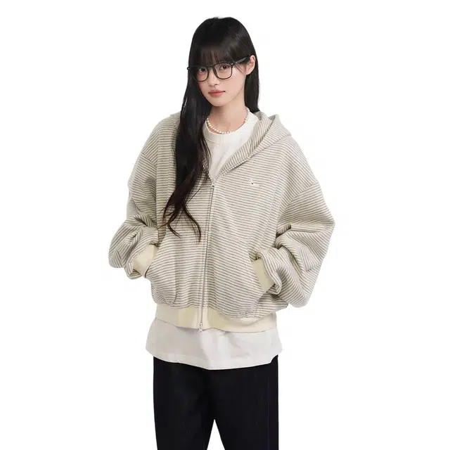 格子苔 美式复古慵懒风条纹连帽女春秋小狗刺绣拉链开衫外套卫衣 女款