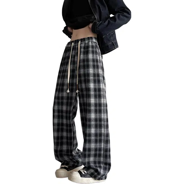 华夏儿女 美式复古宽松慵懒风扎染格子抽绳肌理感运动大码舒适透气百搭日常阔腿长裤休闲裤 男女同款
