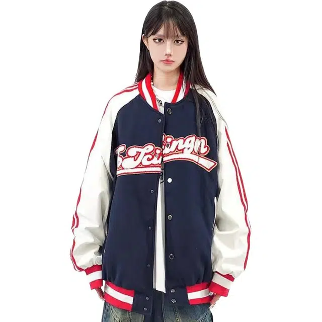 轻迎 美式复古撞色条纹拼接情侣宽松原创国潮外套棒球服 男女同款