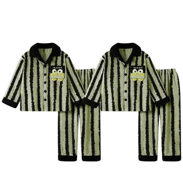 俏韵 翻领卡通冬季加绒保暖简约长袖长裤甜美可爱舒适家居服可外穿睡衣套装 男女同款