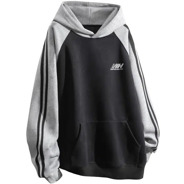 吾皇猫 学院风美式复古潮牌春秋款简约百搭拼接拼色字母印花条纹织带连帽套头宽松插肩袖休闲嘻哈重磅加绒加厚秋冬季长袖卫衣 男女同款