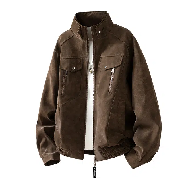 普鲁士多特蒙德 美式复古街头早秋国潮情侣显瘦穿搭推荐潮流纯色痞帅美拉德立领宽松百搭高级日常通勤落肩长袖拉链外套夹克 男女同款