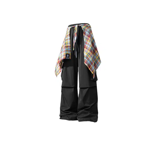 喜羊羊与灰太狼 美式街头潮流褶皱纯色伞兵防水登山户外多口袋长裤可拆卸复古格子屁帘设计日常通勤宽松舒适垂感直筒工装休闲裤 男女同款