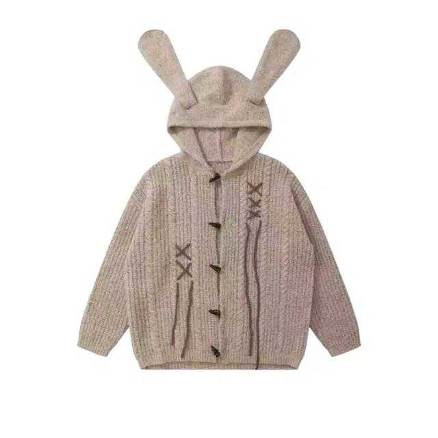 望莱仕 美式复古兔耳朵牛角扣连帽开衫女秋冬宽松慵懒风外套上衣针织衫 女款
