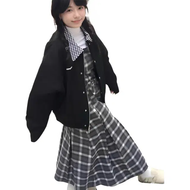 轻迎 美式格子拼接翻领宽松设计感外套夹克 女款