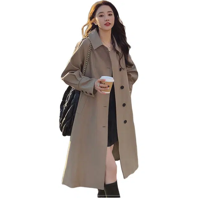 稻草人 复古设计百搭风格英伦风简约翻领宽松版型中长款风衣 女款