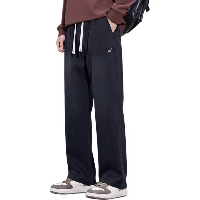 协协乐 高街风纯色莱赛尔春秋季美式复古做旧宽松直筒阔腿拖地裤青少年弹力抽绳百搭休闲运动长裤牛仔裤 男款