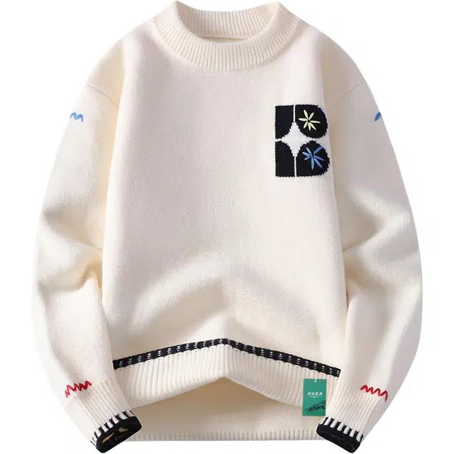 北欧攻略 美式复古秋冬季时尚圆领外套假两件宽松套头打底衫学生党无性别主义针织衫 男女同款