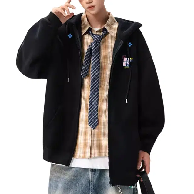 冈哉 个性印花简约基础款纯色开衫连帽设计美式复古学院风百搭宽松休闲长袖卫衣 男女同款