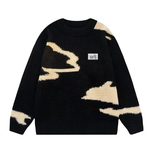 吾皇猫 美式复古高街简约基础款学院风圆领套头针织上衣潮牌长袖贴布拼色内搭打底衫休闲宽松时尚百搭痞帅慵懒风秋冬款毛衣 男女同款