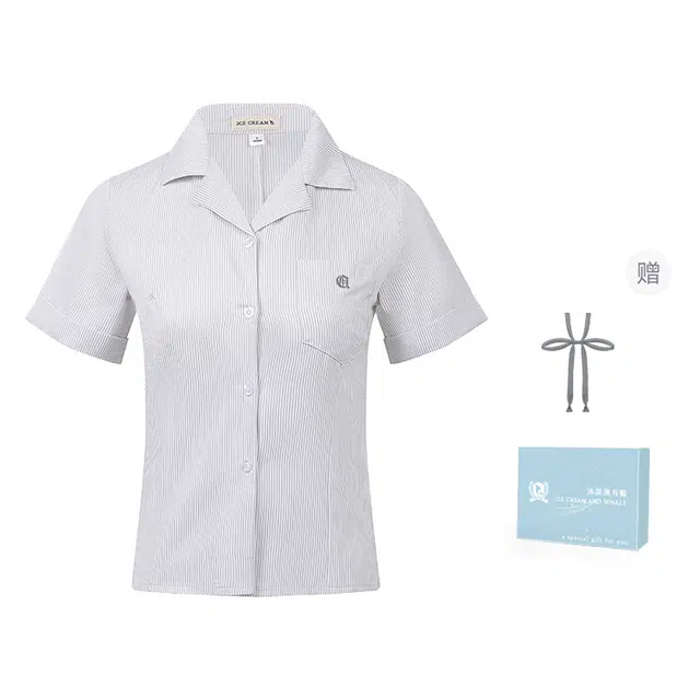 冰淇淋与鲸 制服简约基础款条纹修身日常百搭短袖衬衫 女款 灰色开襟细条纹短袖衬衫