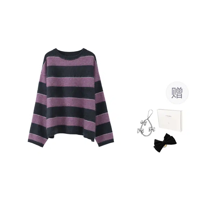 法儿家 树莓戚风韩系条纹设计感撞色长袖通勤毛衫羊绒衫 女款