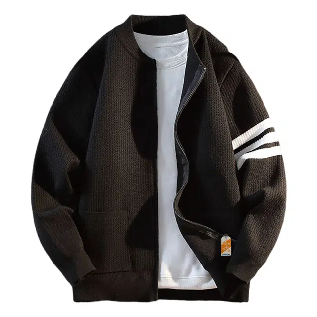 北欧攻略 秋冬季时尚圆领开衫拉链简约纯色三条杠外套美式复古轻奢软糯通勤百搭学院风休闲带口袋针织衫 男女同款