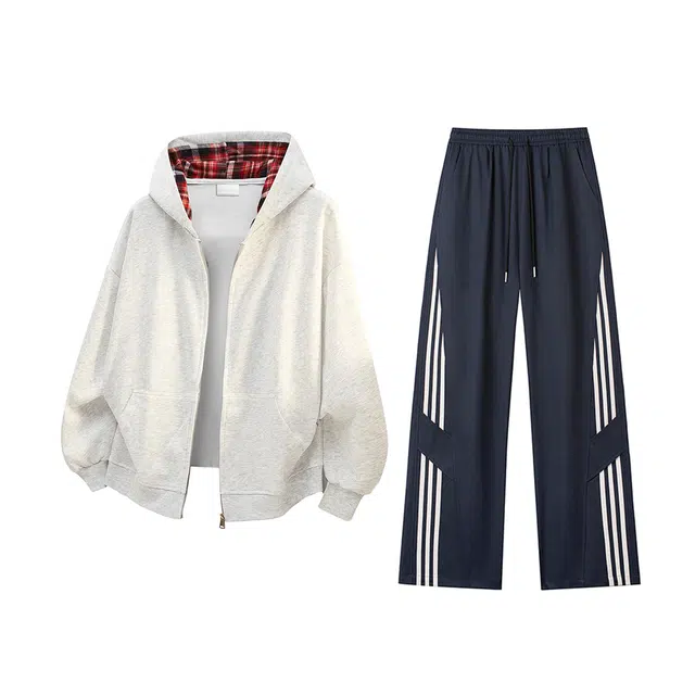 素杭 美式宽松假两件格子连帽开衫外套搭配设计感拼接条纹直筒长裤两件套潮流穿搭一整套休闲运动套装 男女同款
