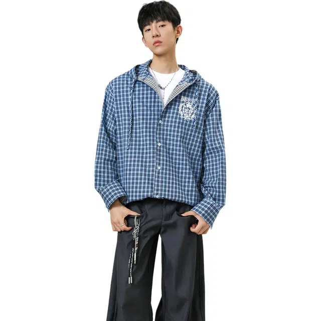 佐菲利 美式蓝格纹徽章印花季宽松慵懒风衬衣休闲学院风百搭上衣衬衫 男女同款