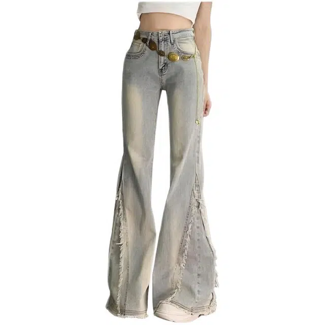 木木兔 潮流时尚秋季裤子女 怀旧复古百搭 阔腿裤设计感显瘦高腰垂感宽松拖地裤 牛仔裤 女款