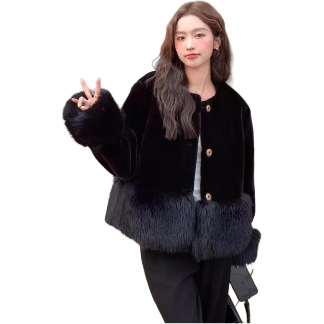 邓大喵 外套女冬小香风毛毛加厚保暖轻奢仿貂绒拼接大衣皮草 女款