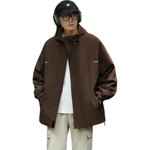 左岸 美式潮牌百搭纯色带帽开衫上衣宽松休闲舒适山系户外防风工装风冲锋外套夹克 男款