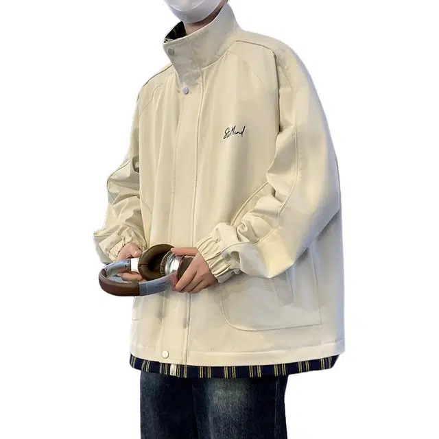 洋气先生 美式复古工装假两件格纹拼接设计学院风痞帅高级感慵懒休闲上衣宽松重磅大码舒适百搭潮牌撞色立领飞行服长袖外套夹克 男女同款