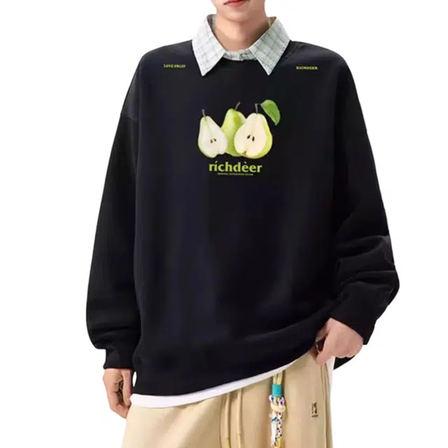 冈哉 水果字母印花个性复古嘻哈宽松套头上衣美式高街纯色简约基础款日常通勤圆领卫衣 男女同款