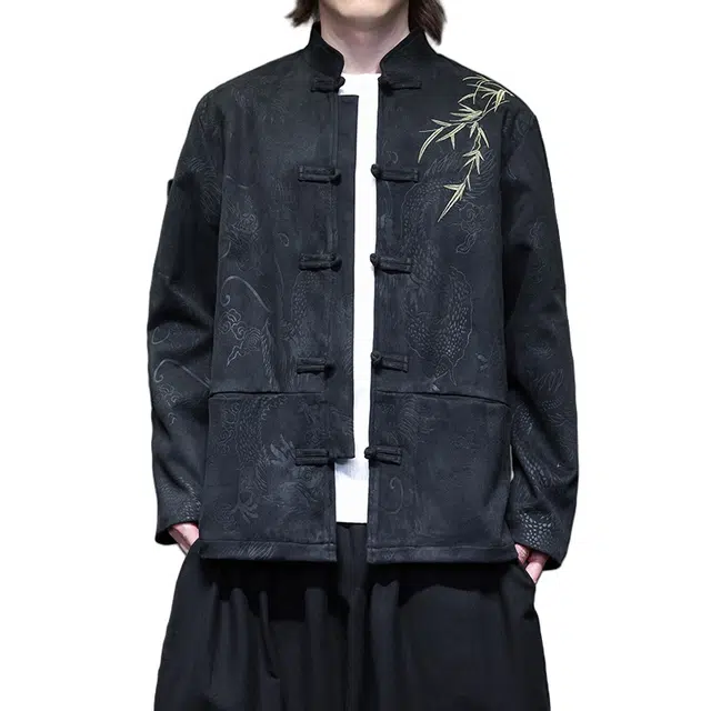 加荣 中国风麂皮绒唐装秋季盘扣翠竹刺绣立领中山装宽松休闲礼服青少年酷帅潮流时尚高级感居士服夹克外套 男女同款