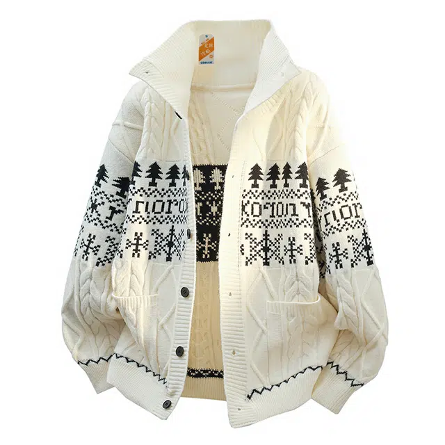 北欧攻略 复古慵懒风圣诞树设计个性秋季立领外套保暖休闲宽松单排扣开衫潮流舒适针织衫 男女同款