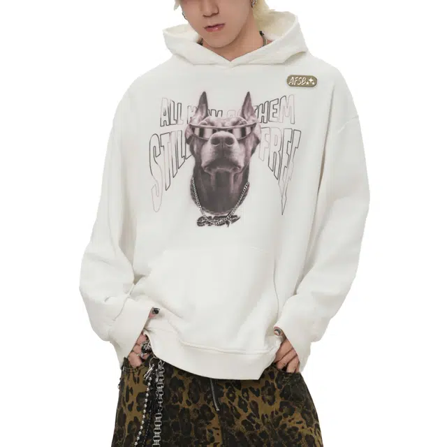艾梵斯贝 美式复古潮流小众水洗卡通小狗印花设计款个性街头潮酷日常通勤百搭宽松休闲时尚高街风情侣款连帽卫衣 男女同款