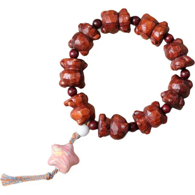 得笙陌 小熊 大漆星星雕刻珠好运国潮新中式 血檀 木作手串 男女同款情侣款