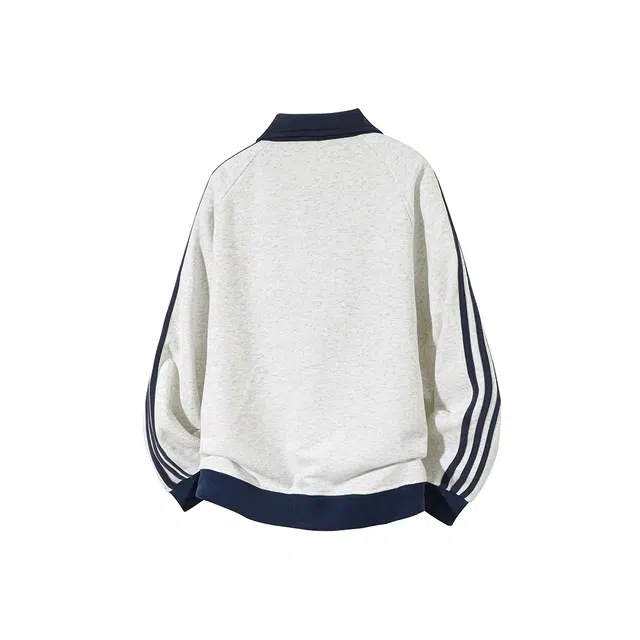 顶峰保罗 美式潮牌解构条纹拼接撞色开衫加绒加厚夹克无性别主义高街休闲宽松大码运动棒球服外套简约百搭重磅翻领长袖卫衣 男女同款