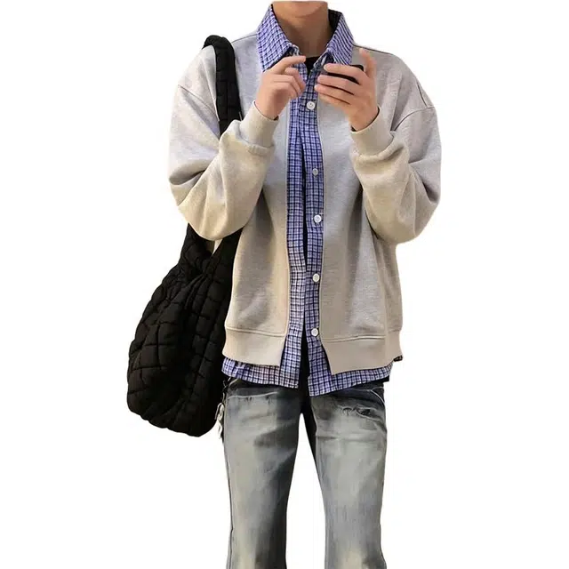 黑马漫画 美式假两件开衫上衣男款秋季潮牌格子拼接卫衣 男女同款