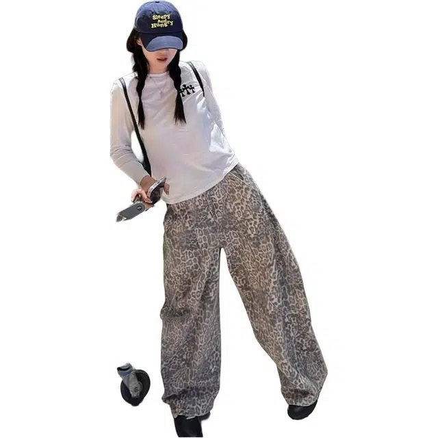 么宁 美式复古豹纹弯刀高腰宽松潮流显瘦直筒梧桐阔腿拖地镰刀裤子牛仔裤 女款