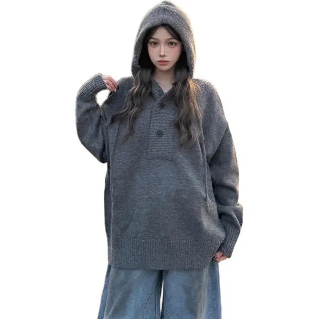 轻迎 美式复古纯色高级感连帽套头上衣针织衫 女款