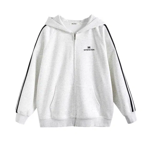 米子旗 连帽拉链秋季宽松型学院风长袖卫衣 女款