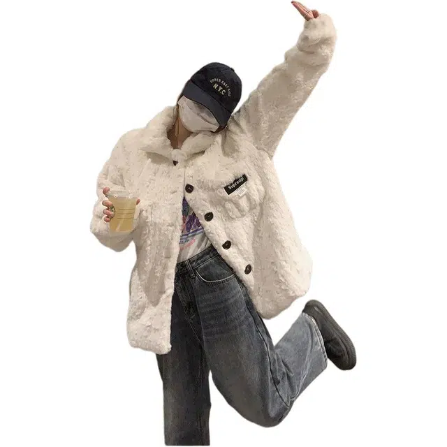 邓大喵 羊羔毛短外套女冬宽松甜酷仿兔毛绒加厚保暖百搭上衣皮草 女款