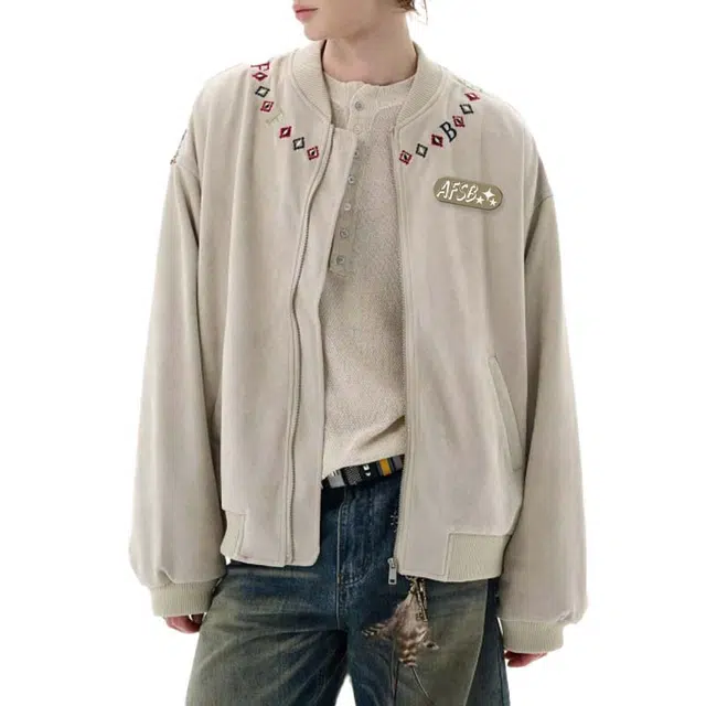 艾梵斯贝 美式复古潮流民族风全刺绣麂皮波西米亚高级感慵懒时尚文艺日常通勤百搭宽松休闲无性别棒球领夹克 男女同款