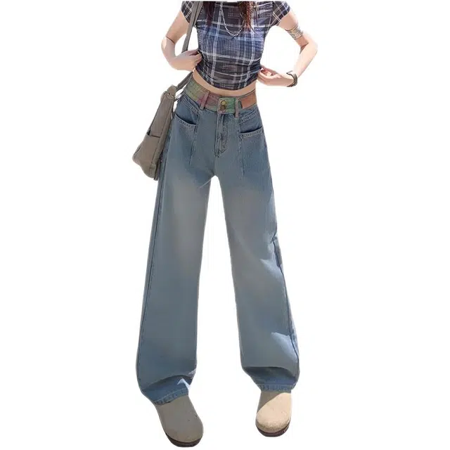 木木兔 潮流时尚秋季裤子女 设计感彩色编织提花撞色高腰窄版直筒阔腿拖地裤 牛仔裤 女款