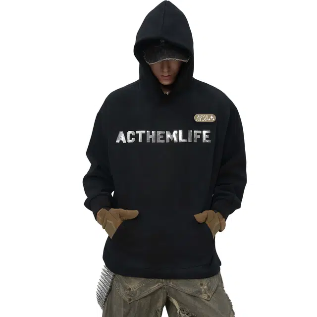 艾梵斯贝 美式复古潮流小众设计款水洗做旧烫图下摆抽绳无性别日常通勤百搭宽松休闲时尚潮酷高街风情侣款个性连帽卫衣 男女同款