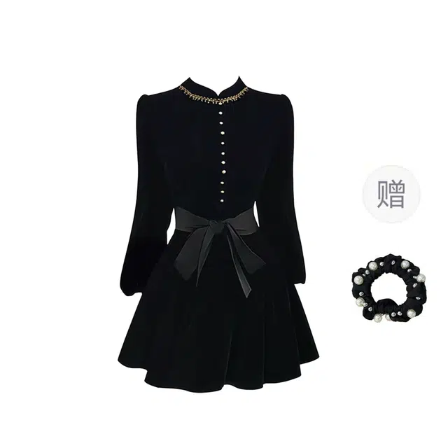 雾闪闪 吃菜伯拉德千金 赫本风丝绒长袖连衣裙 女款