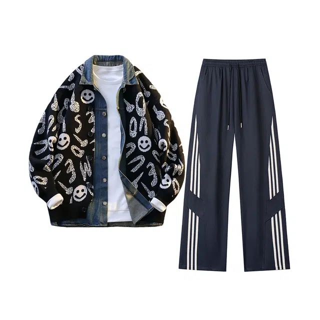 素杭 美式重磅宽松拼接牛仔假两件笑脸针织开衫搭配设计感条纹直筒阔腿长裤两件套潮牌穿搭一整套休闲运动套装 男女同款