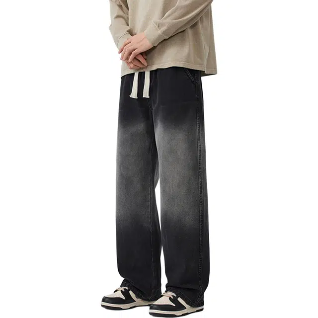 瑞梵帝斯 秋季美式复古高街潮牌渐变水洗做旧宽松休闲百搭系带基础设计高级感显高显瘦直筒阔腿时尚牛仔裤 男款